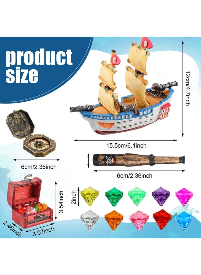 Charniol 32 Pcs Pirate Ship Cake Topper Nautical Sailboat Model Decoration Set Gold Coins And Pirate Gems Kids Telescope Pirate Treasure Chest Compass Mini Palm Tree For Kids Pirate Birthday Party Supplies - Image 4