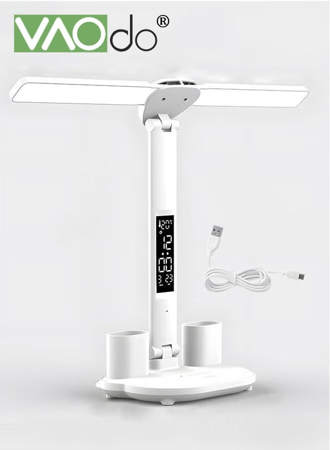 VAOdo Double-Headed LED Desk Lamp with Storage Shelf and Pen Holder, 3-Color Dimmable Light Time and Temperature Display Rechargeable Study Table Light for Kids Teens White - Image 1