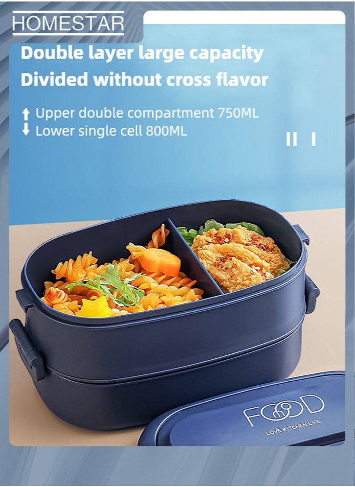 HOMESTAR - PP Plastic Two-Layer  Lunch Box with 3-Grids Bento Box  Food Storage Box for Students Worker Navy - Image 1