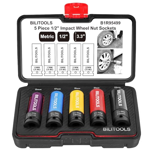 BILITOOLS 1/2 inch Drive Impact Lug Nut Socket Set, 15 17 19 21 22 MM Non-Marring Thin Wall Wheel Protector Nut Socket - Image 1