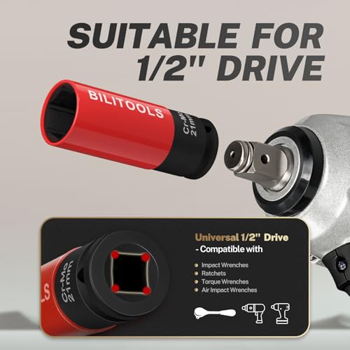 BILITOOLS 1/2 inch Drive Impact Lug Nut Socket Set, 15 17 19 21 22 MM Non-Marring Thin Wall Wheel Protector Nut Socket - Image 4