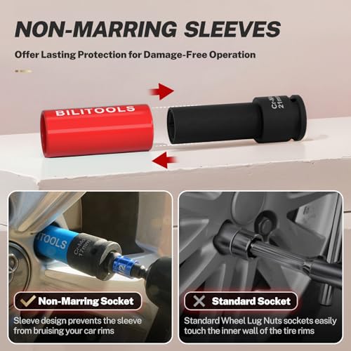 BILITOOLS 1/2 inch Drive Impact Lug Nut Socket Set, 15 17 19 21 22 MM Non-Marring Thin Wall Wheel Protector Nut Socket - Image 5