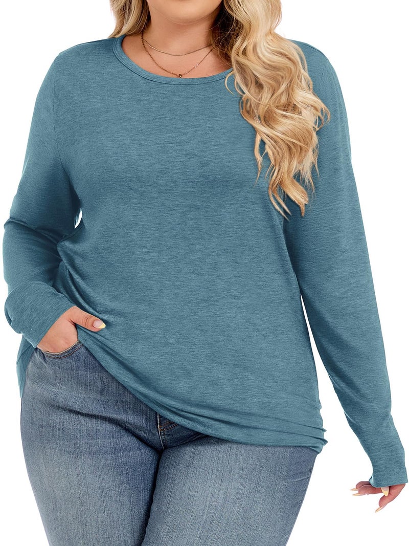 JOELLYUS Womens Plus Size Tops Basic Long Sleeve Shirts Crew Neck T Shirt Fall Outfits Loose Fit Casual Blouses (Blue Green, 4XL) - Image 1