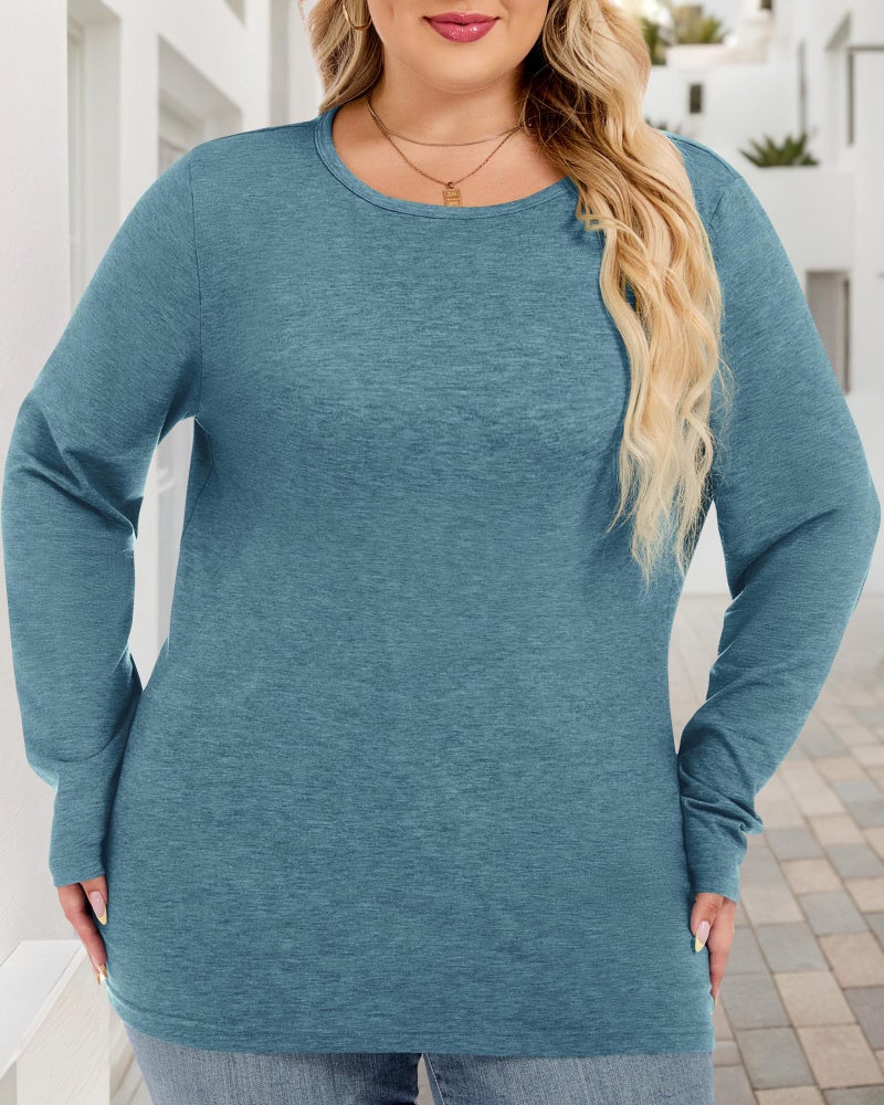 JOELLYUS Womens Plus Size Tops Basic Long Sleeve Shirts Crew Neck T Shirt Fall Outfits Loose Fit Casual Blouses (Blue Green, 4XL) - Image 5