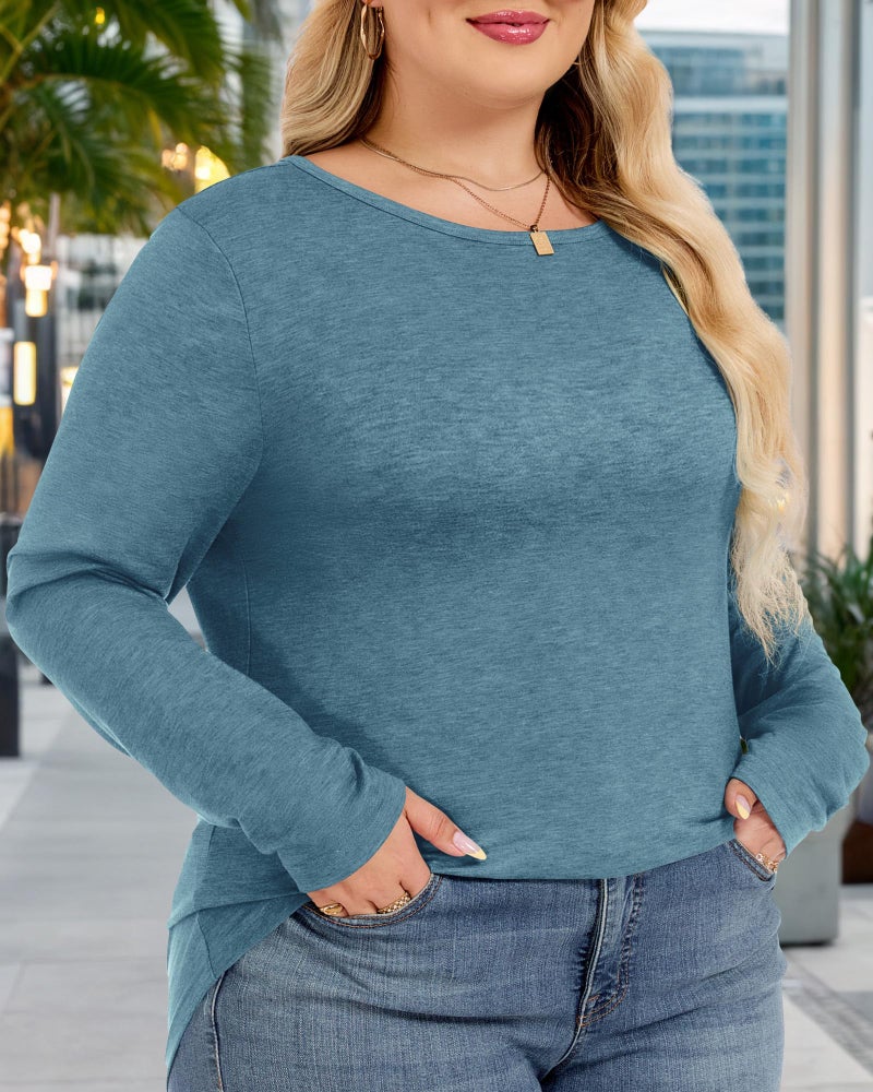 JOELLYUS Womens Plus Size Tops Basic Long Sleeve Shirts Crew Neck T Shirt Fall Outfits Loose Fit Casual Blouses (Blue Green, 4XL) - Image 3