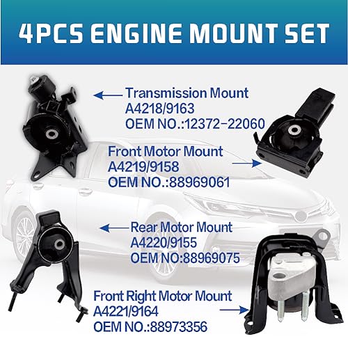 YBDDZH Engine Motor and Transmission Mount Kit Compatible with 2003-2008 Corolla 1.8L & 2003-2008 Matrix 1.8L & 2003-2008 Pontiac Vibe 1.8L Auto Transmission Repklace OE A4220 A4219 A4218 A4221 4pcs - Image 3