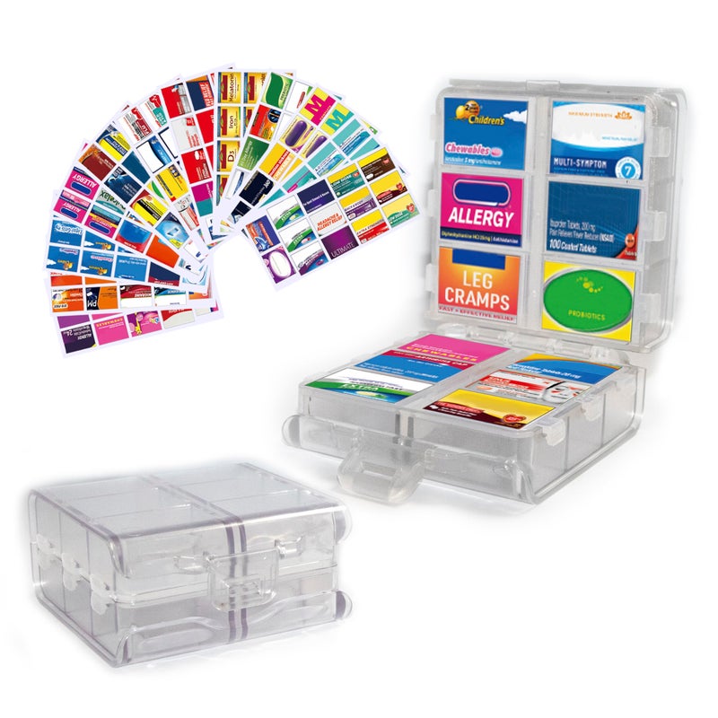 YIXIAN Large Pill Organizer with Medicine Labels, Pill Dispenser 12-Compartment Travel Medication Storage Case, 7-Day Pill Box for Vitamins & Supplements (White, 161 Labels) - Image 1