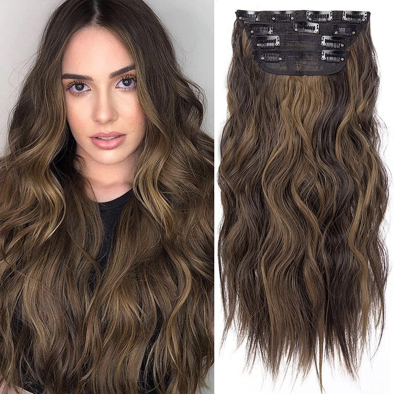 LEEONS 4PCS Clip in Hair Extensions for Women Brown Highlighted Caramel Blonde Long Wavy Thick Hair Extensions Clip in Double Weft Hair Extension for Daliy Use (4pcs, 20Inch, H2/426#) - Image 1