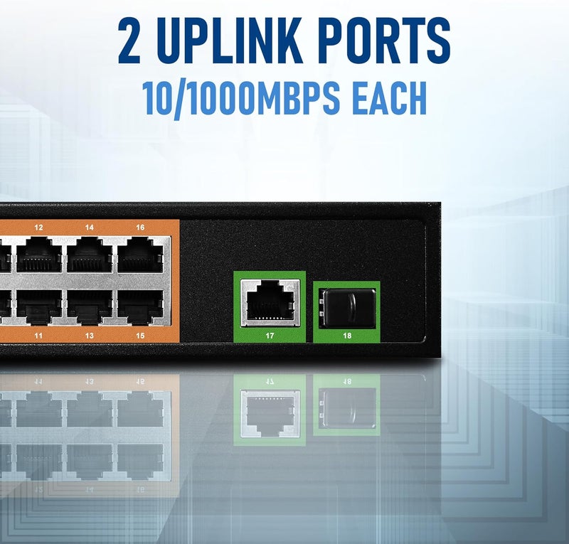 BV -Tech 18 Ports Long Range PoE+ Switch (16 PoE+ Ports | 1 Gigabit Ethernet uplink with 1 SFP Uplink) - 19" Rackmount - 120W - 802.3af/at -Desktop Design for Easy Set Up (16 Gigabit PoE+ Ports | 120W) - Image 3