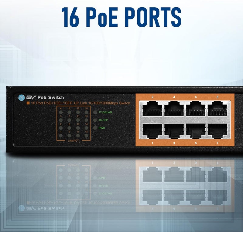 BV -Tech 18 Ports Long Range PoE+ Switch (16 PoE+ Ports | 1 Gigabit Ethernet uplink with 1 SFP Uplink) - 19" Rackmount - 120W - 802.3af/at -Desktop Design for Easy Set Up (16 Gigabit PoE+ Ports | 120W) - Image 2
