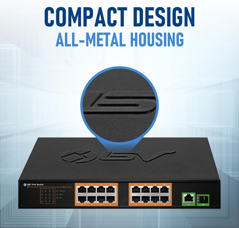 BV -Tech 18 Ports Long Range PoE+ Switch (16 PoE+ Ports | 1 Gigabit Ethernet uplink with 1 SFP Uplink) - 19" Rackmount - 120W - 802.3af/at -Desktop Design for Easy Set Up (16 Gigabit PoE+ Ports | 120W) - Image 4