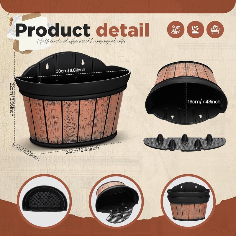 Layhit 6 Pcs Wall Hanging Planters Outdoor Pot Planter Wine Barrel Planter Distressed Oak Thickened Plastic Water Storage Flower Pots for Plants Flower Indoor Outdoor Railing (Brown,12 Inches) - Image 2