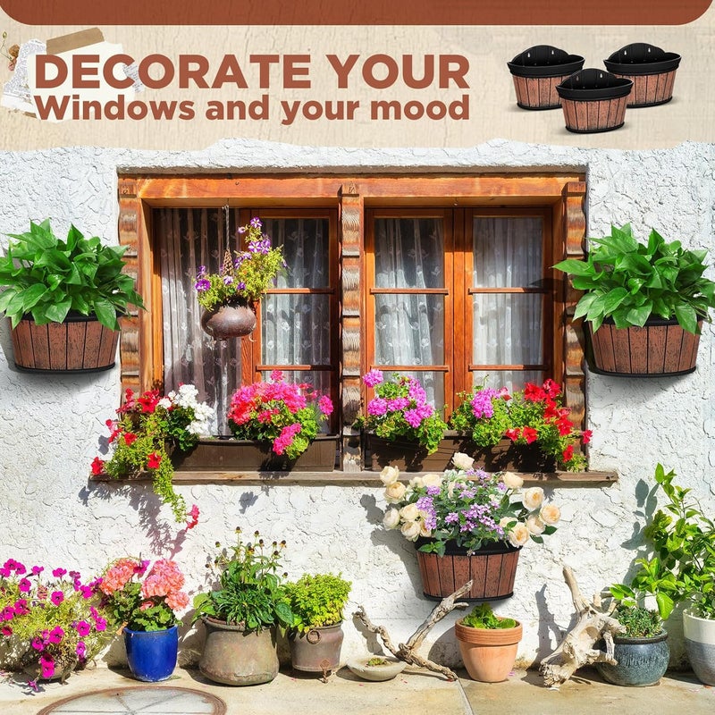 Layhit 6 Pcs Wall Hanging Planters Outdoor Pot Planter Wine Barrel Planter Distressed Oak Thickened Plastic Water Storage Flower Pots for Plants Flower Indoor Outdoor Railing (Brown,12 Inches) - Image 5