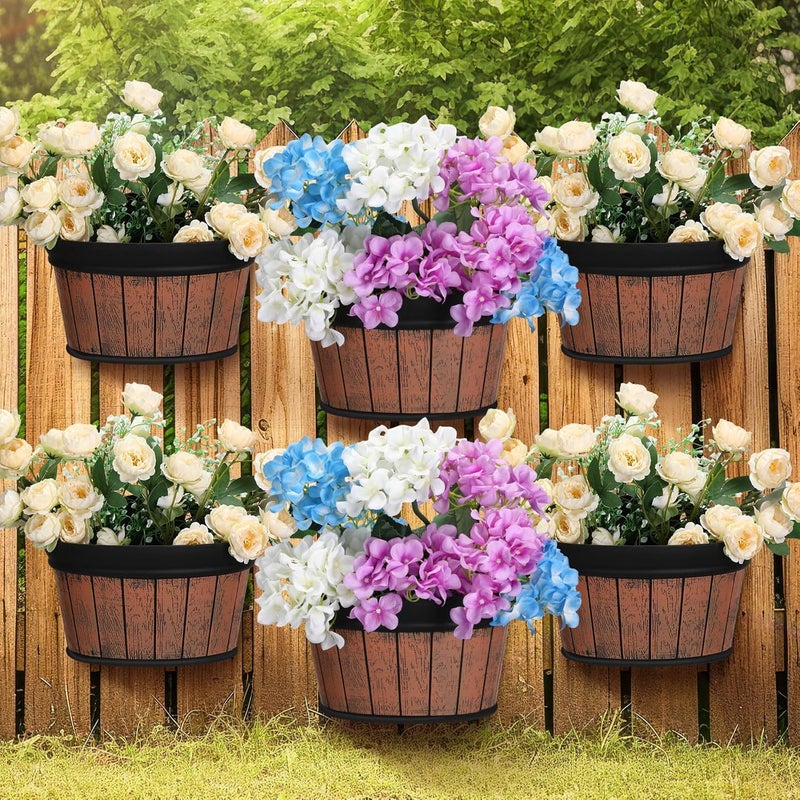 Layhit 6 Pcs Wall Hanging Planters Outdoor Pot Planter Wine Barrel Planter Distressed Oak Thickened Plastic Water Storage Flower Pots for Plants Flower Indoor Outdoor Railing (Brown,12 Inches) - Image 1