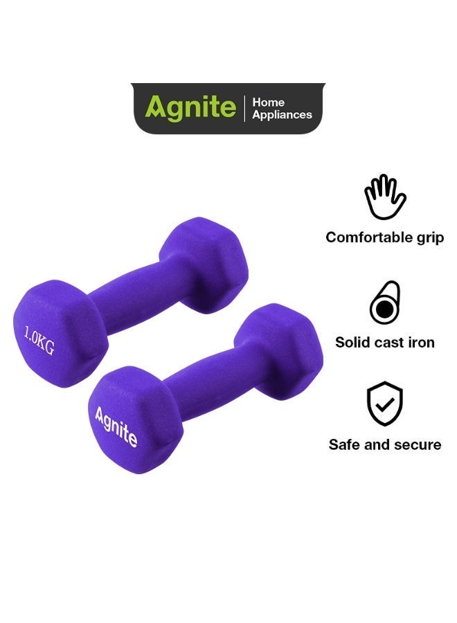 Agnite ER081 Neoprene Dumbbell Single 1Kg 2 pieces, Solid Cast Iron Hand Weights With Non-Slip Grip, Hexagonal Design For Home Workouts, Strength Training & Fitness, Purple Color. - Image 1