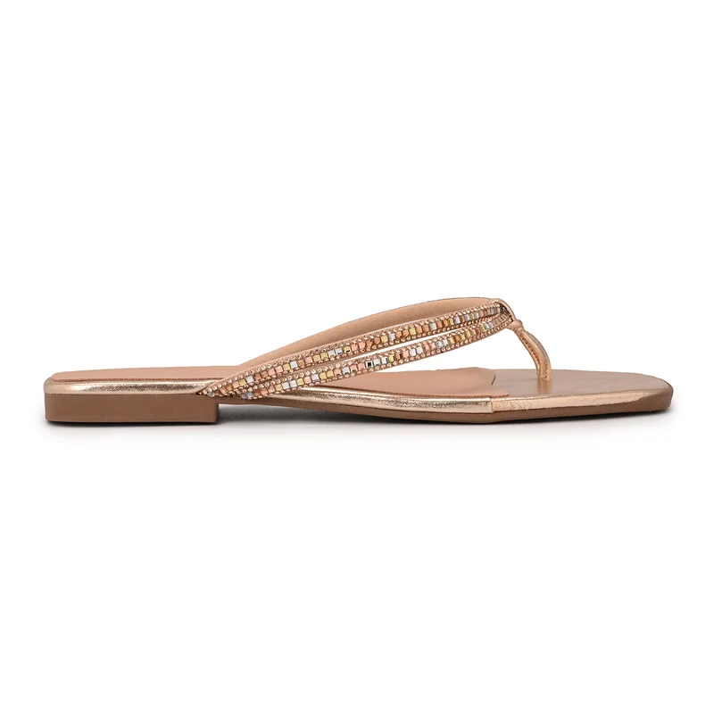 Carmen Steffens Golden Flat Sandals with Crystal Straps