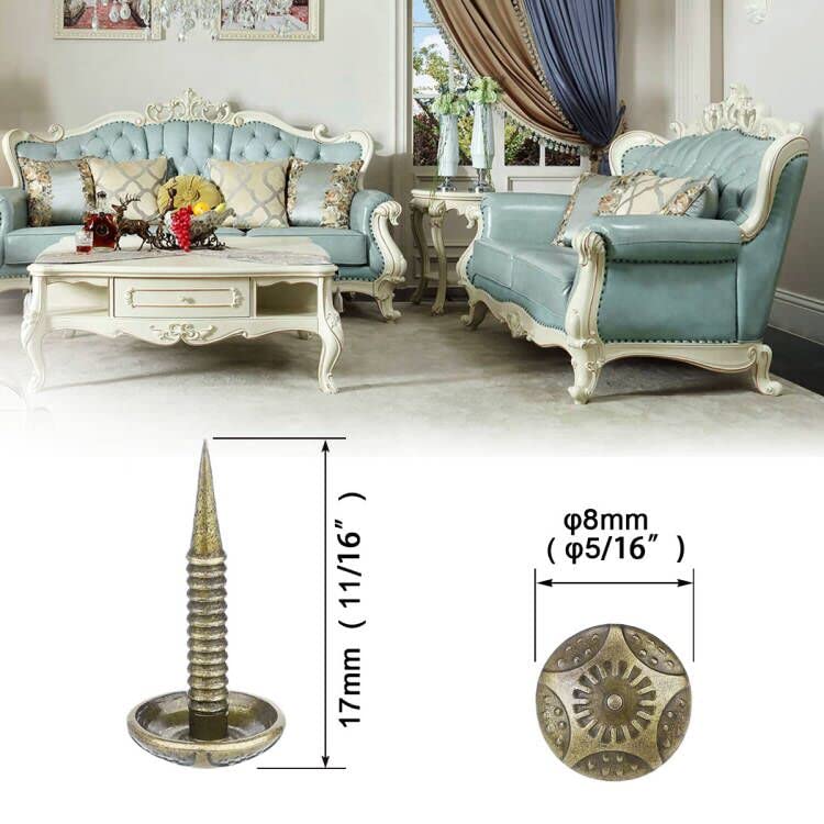 Homdire Upholstery Tacks with Small Head, 5/16 inch Vintage Furniture Tacks Nails for Upholstery, 200pcs Mini Decorative Nails with Threaded Leg, Sofa Tacks for Woods (Antique Brass) - Image 3