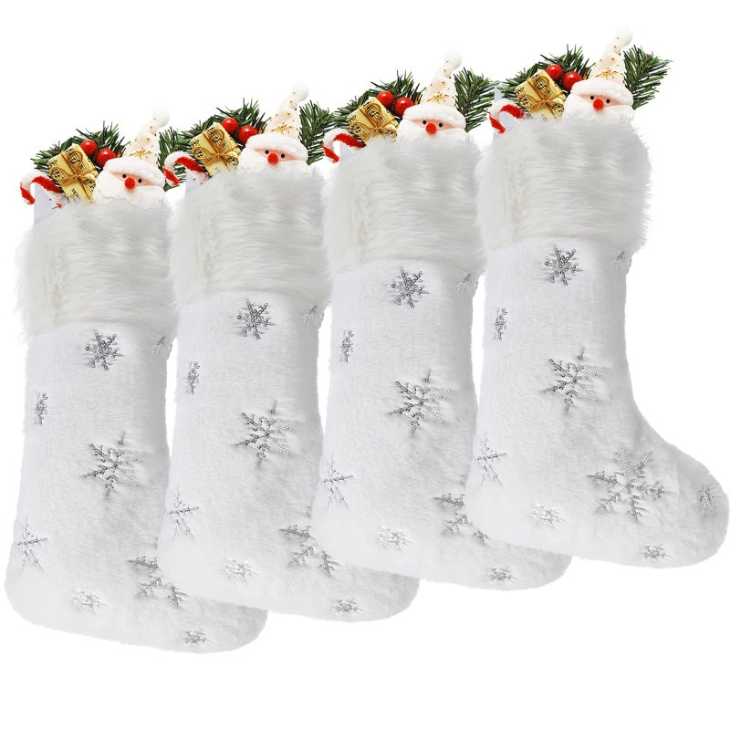 DIYASY White Christmas Stockings 4 Pack Large Faux Fur Christmas Stockings with Silver Sequin Snowflakes Personalized Christmas Stocking for Fireplace Hanging and Holiday Party Decoration 175 Inches