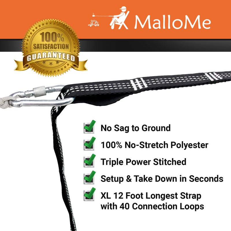 MalloMe XL Hammock Straps for Trees - Hammock Tree Straps Set 2000+ LBS Heavy Duty 40 Loops & 100% No Stretch Suspension System Kit - Camping Hammocks Accessories | 2 Carabiners | 12 Feet Black - Image 2