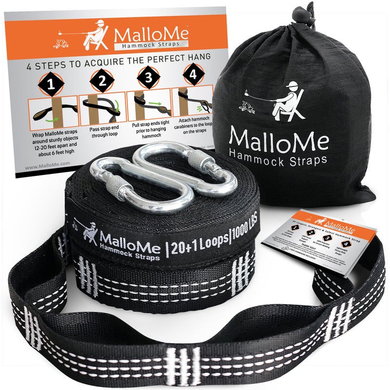 MalloMe XL Hammock Straps for Trees - Hammock Tree Straps Set 2000+ LBS Heavy Duty 40 Loops & 100% No Stretch Suspension System Kit - Camping Hammocks Accessories | 2 Carabiners | 12 Feet Black - Image 1