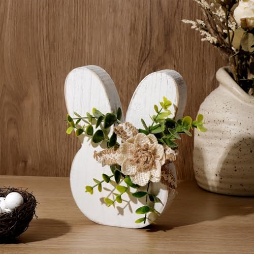 Treory Easter Decorations for the Home: Rustic Antique Wooden Bunny Happy Easter Table Centerpiece Signs, Farmhouse White Rabbit with Flowers Wood Bunny Easter Decorations for Table, Cute Easter Gifts - Image 5