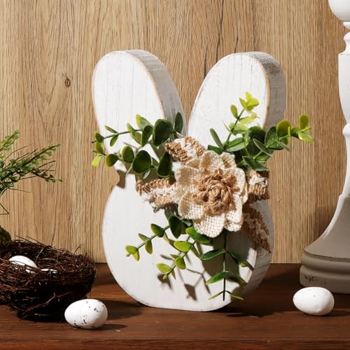 Treory Easter Decorations for the Home: Rustic Antique Wooden Bunny Happy Easter Table Centerpiece Signs, Farmhouse White Rabbit with Flowers Wood Bunny Easter Decorations for Table, Cute Easter Gifts - Image 1