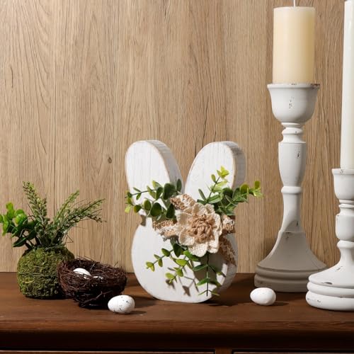 Treory Easter Decorations for the Home: Rustic Antique Wooden Bunny Happy Easter Table Centerpiece Signs, Farmhouse White Rabbit with Flowers Wood Bunny Easter Decorations for Table, Cute Easter Gifts - Image 4