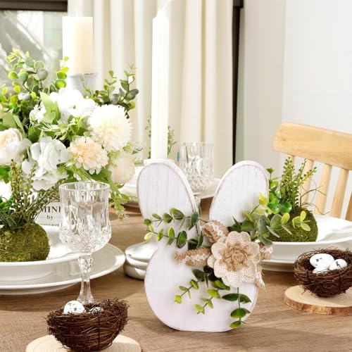 Treory Easter Decorations for the Home: Rustic Antique Wooden Bunny Happy Easter Table Centerpiece Signs, Farmhouse White Rabbit with Flowers Wood Bunny Easter Decorations for Table, Cute Easter Gifts - Image 3