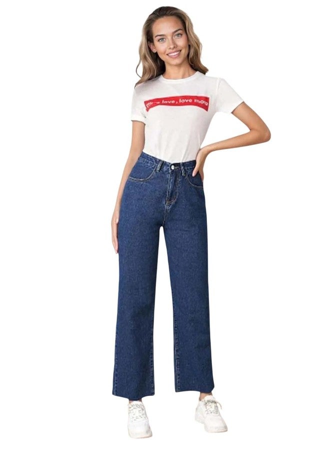 KOTTY Womens High Waist Flared Fit Ankle Length Clean Look Blue Denim Jeans - Image 1