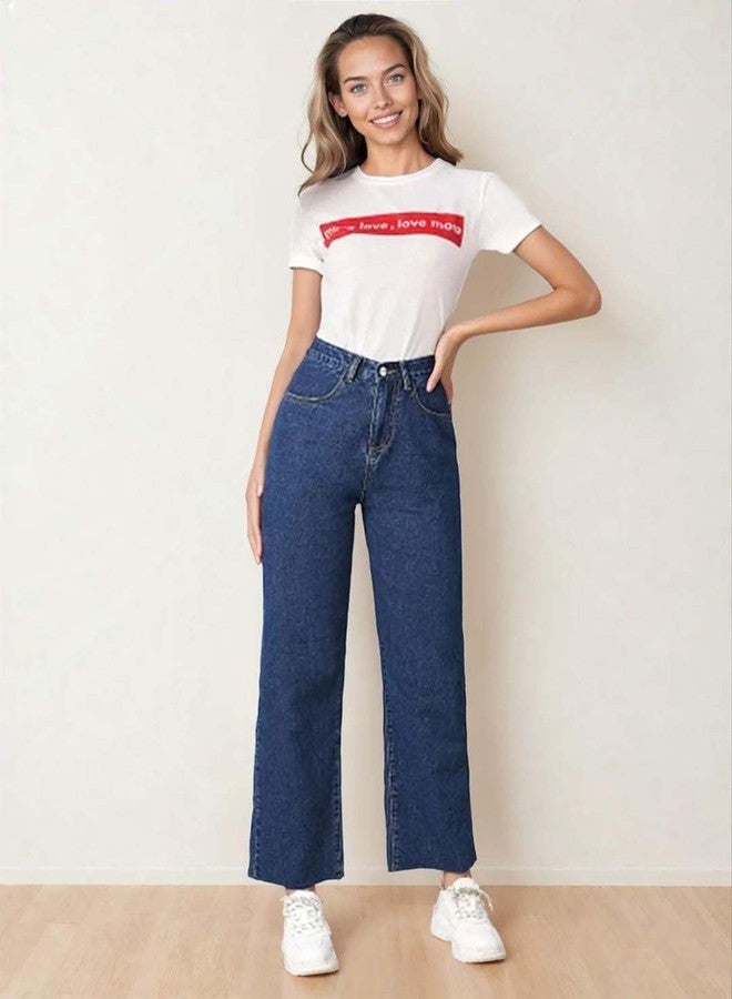 KOTTY Womens High Waist Flared Fit Ankle Length Clean Look Blue Denim Jeans - Image 2