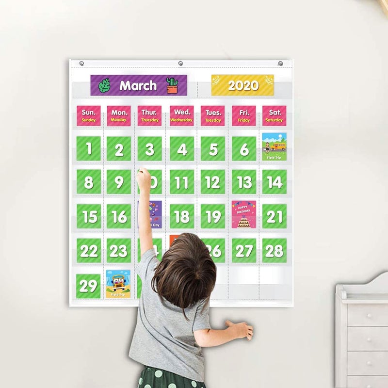 Eamay Classroom Monthly Calendar Pocket Chart with 71 Cards for Kids Learning for Home,White - Image 2