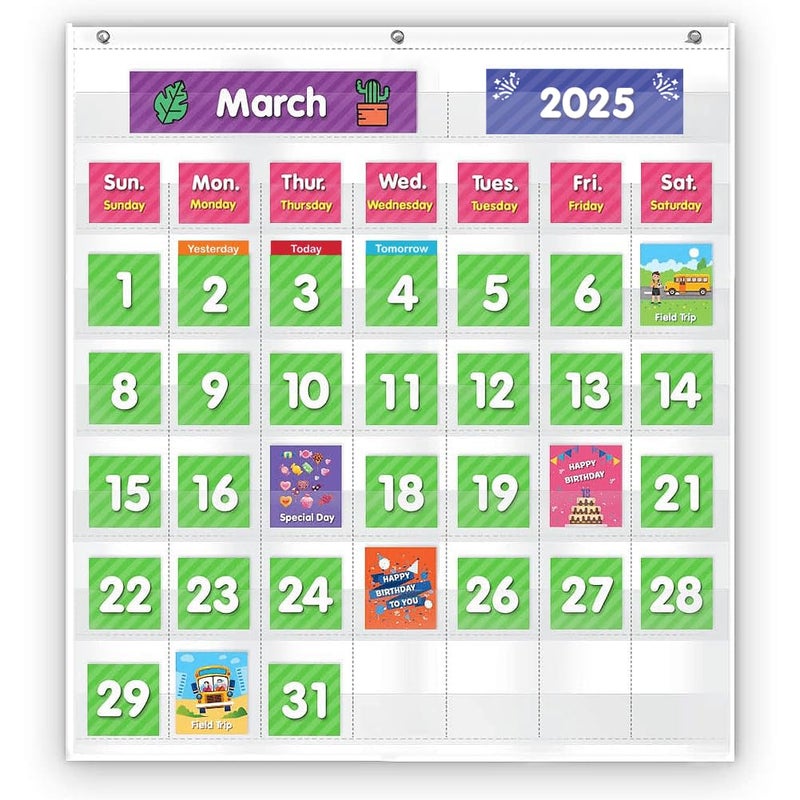 Eamay Classroom Monthly Calendar Pocket Chart with 71 Cards for Kids Learning for Home,White - Image 1