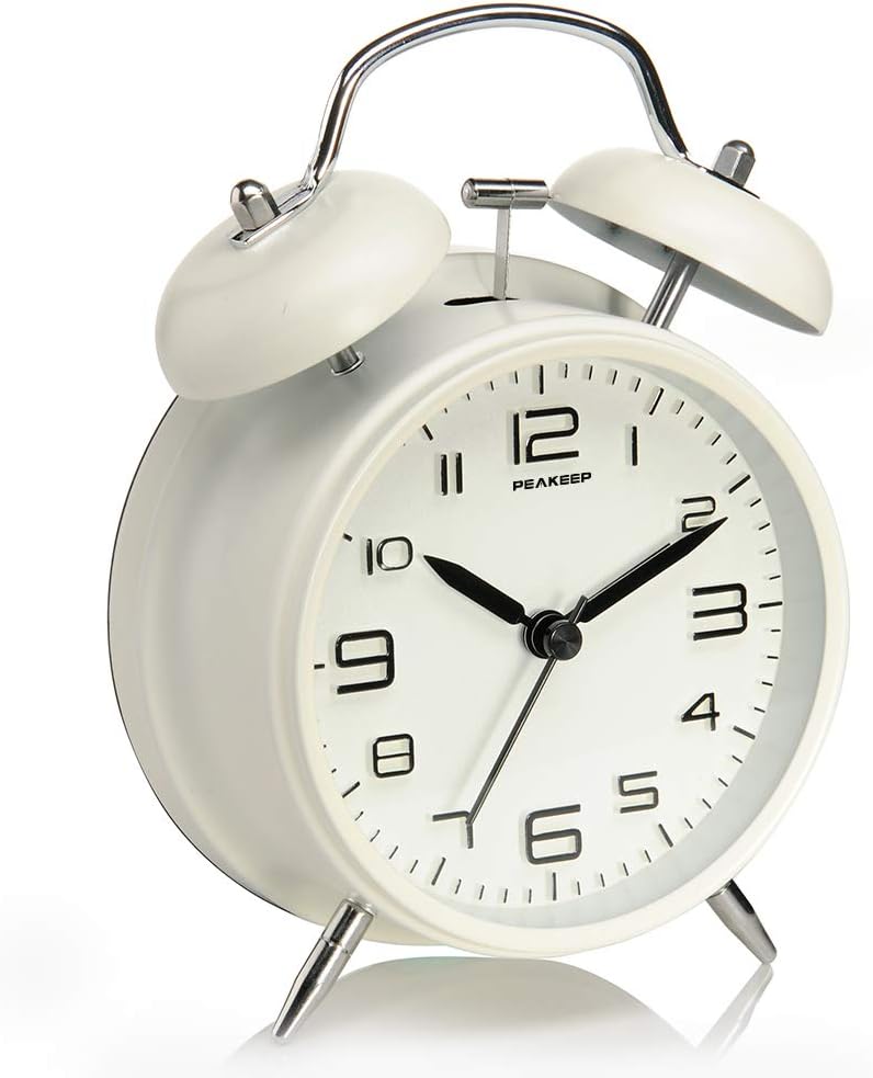 Peakeep 4 Inches Twin Bell Loud Alarm Clock for Heavy Sleepers, Backlight, Battery Operated Old Fashioned Alarm Clock for Bedrooms (3D-Dial, White) - Image 1