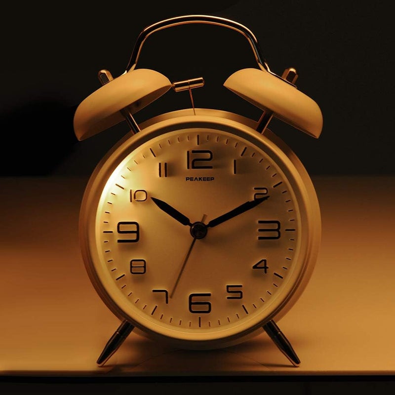 Peakeep 4 Inches Twin Bell Loud Alarm Clock for Heavy Sleepers, Backlight, Battery Operated Old Fashioned Alarm Clock for Bedrooms (3D-Dial, White) - Image 5