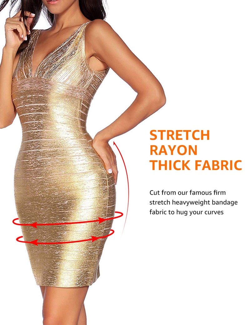 meilun Sexy V-Neck Bandage Bodycon Cocktail Dress for Wedding Guest Strap Foil Formal Gowns Evening Dress (XL,Gold) - Image 4