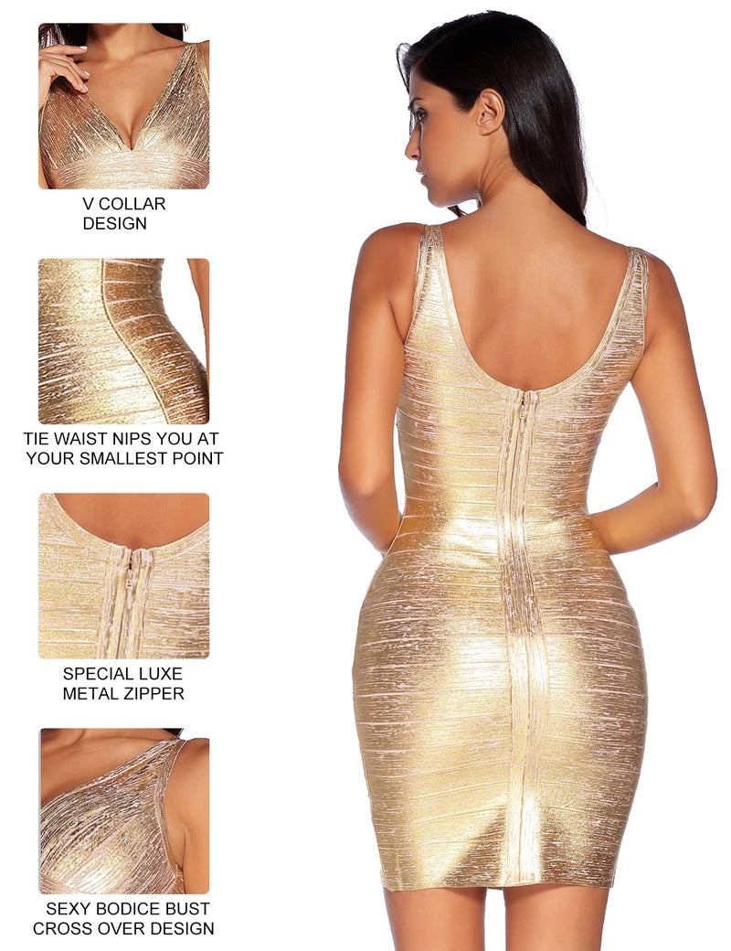 meilun Sexy V-Neck Bandage Bodycon Cocktail Dress for Wedding Guest Strap Foil Formal Gowns Evening Dress (XL,Gold) - Image 3