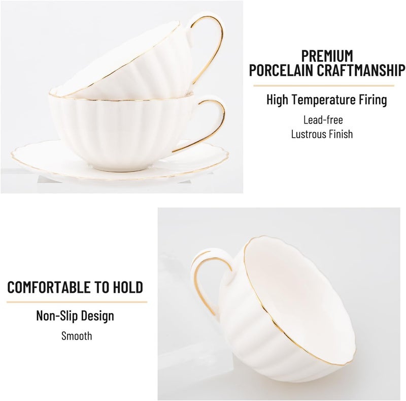 Prefdo Porcelain Tea Cups and Saucers Set of 6 British Style Ceramic Tea Cup Coffee Mug Espresso Cup White Tea Cup Set for Women Home Kitchen Office Coffee Shop Tea Party 200ml7 OZ - Image 4