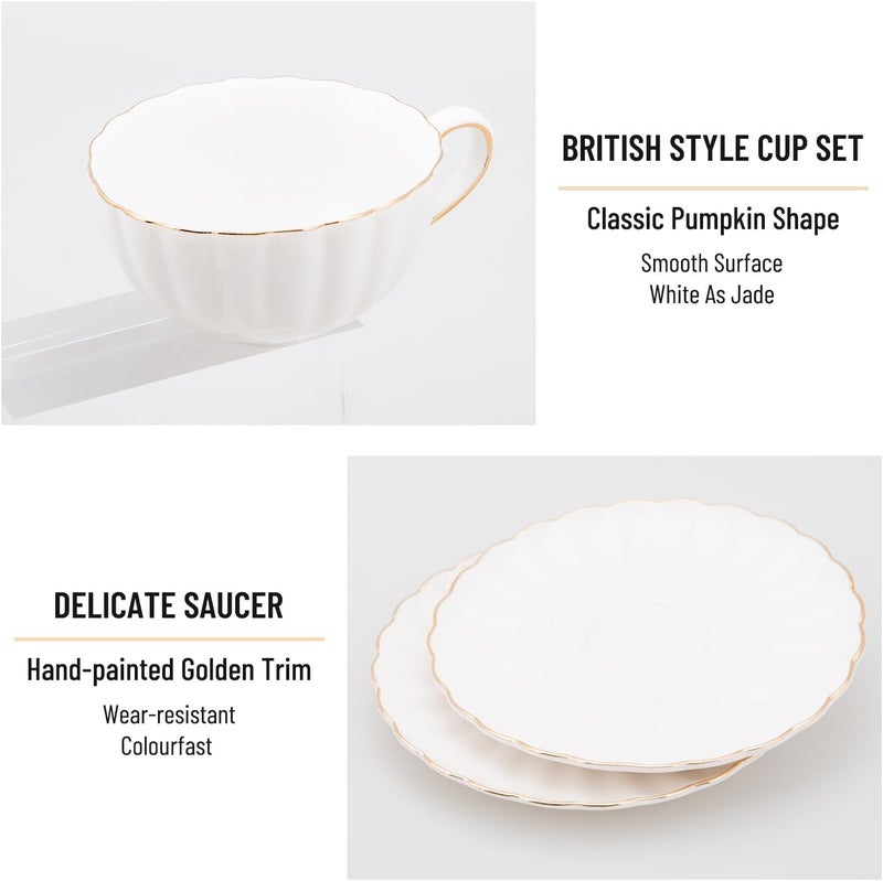 Prefdo Porcelain Tea Cups and Saucers Set of 6 British Style Ceramic Tea Cup Coffee Mug Espresso Cup White Tea Cup Set for Women Home Kitchen Office Coffee Shop Tea Party 200ml7 OZ - Image 3