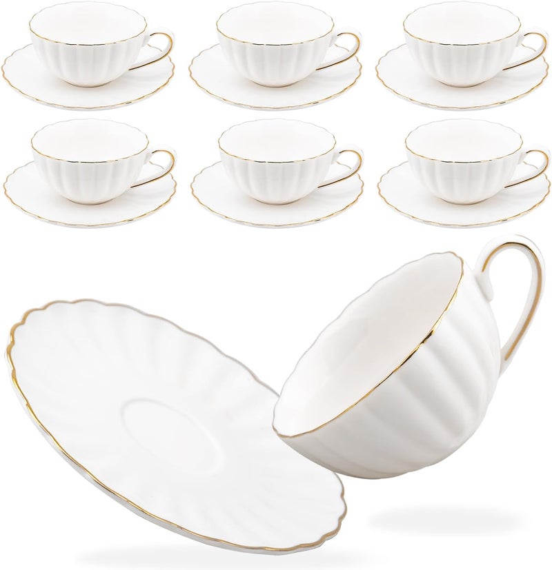Prefdo Porcelain Tea Cups and Saucers Set of 6 British Style Ceramic Tea Cup Coffee Mug Espresso Cup White Tea Cup Set for Women Home Kitchen Office Coffee Shop Tea Party 200ml7 OZ - Image 1