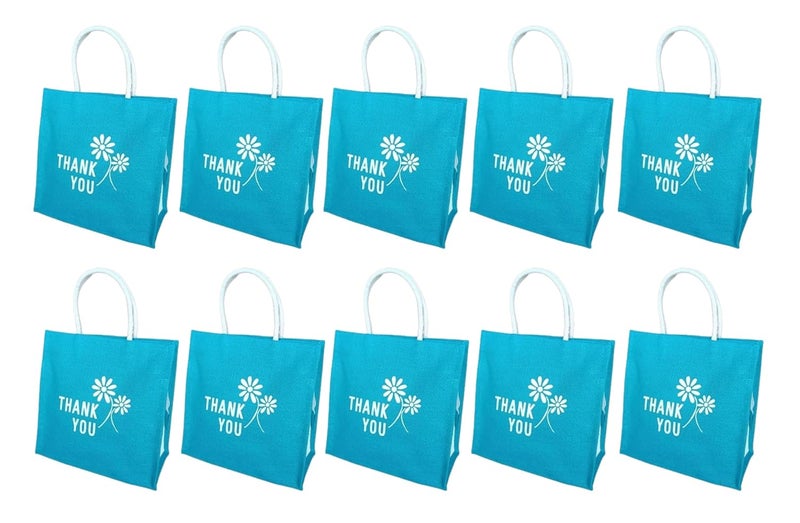 SOMAN Jute Ecofriendly Return Gift Bags Thank You Printed with Zip Blue Pack of 10 Bags - Image 1