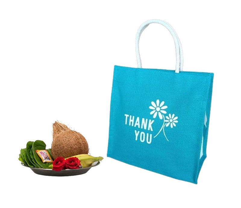 SOMAN Jute Ecofriendly Return Gift Bags Thank You Printed with Zip Blue Pack of 10 Bags - Image 3
