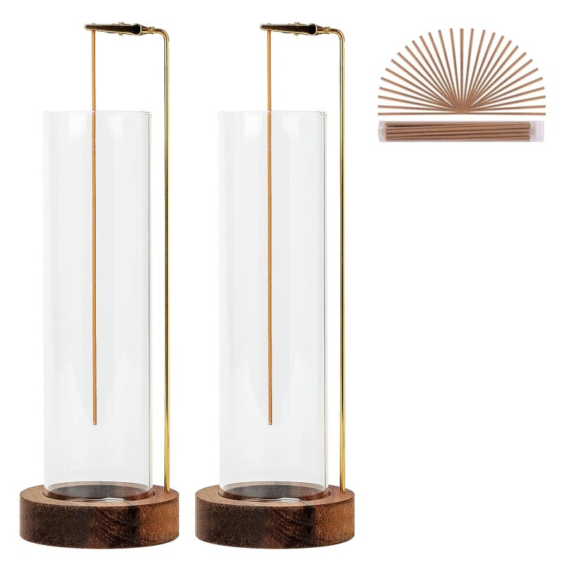 GARMOLY Incense Holder for Sticks, Anti-Ash Flying Incense Burner with 30 Incense Sticks, Detachable Glass Ash Catcher (Wood, Brown-2Pcs) - Image 1