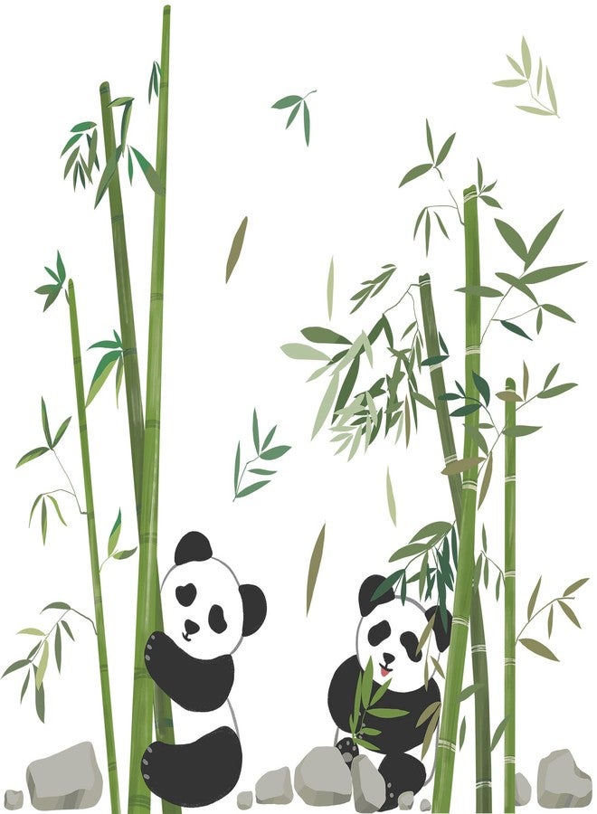 DRWSSR Panda Eating Bamboo Wall Decal Cute Cartoon Panda Wall Stickers Living Room Bedroom Sofa TV Wall Decals Bamboo Green Plants Self Adhesive Removable DIY Art Decor Wall Stickers, 2 * 12x36inch - Image 1