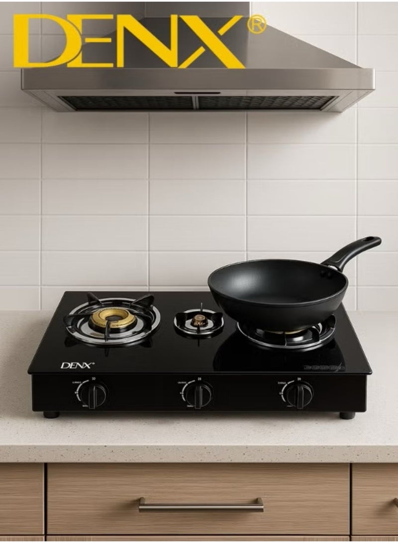 Denx DENX Home Cooking Gas Stove Model DX2807 – 3 Burners with Gold-Plated Caps, Automatic Ignition, Sleek Design, 5.5kg Weight, 2800 Pa Gas Pressure – LPG Compatible  - Image 2