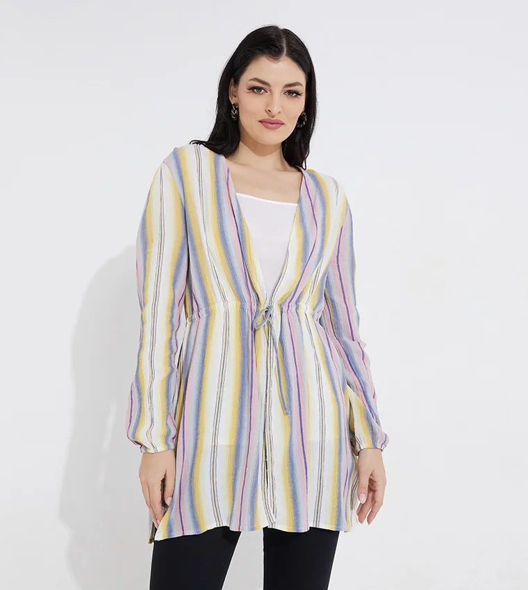 BEVERLY HILLS POLO CLUB Striped V-Neck Long Sleeves Tie Front Tunic