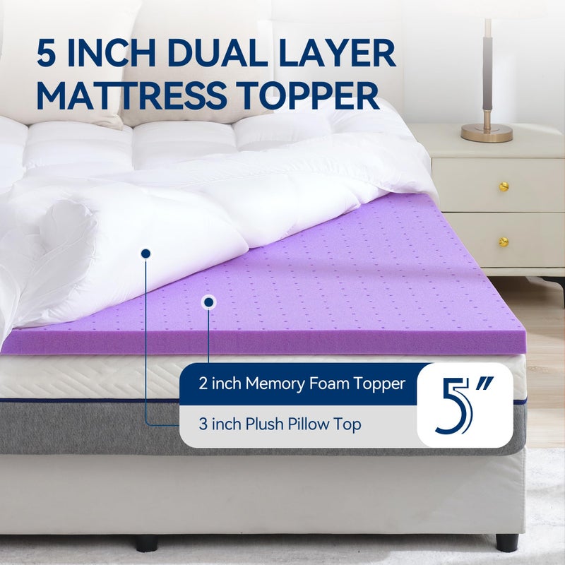 BDEUS Dual Layer 5 Inch Memory Foam Mattress Topper Queen Size, 2 Inch Gel Memory Foam Plus 3 Inch 1450 GSM Down Alternative Quilted Pillow Top Mattress Pad Cover,White - Image 2