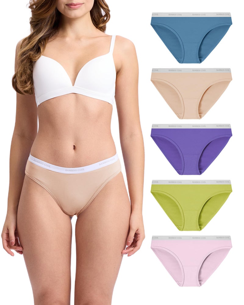 BAMBOO COOL Womens Underwear Soft Bikini High Cut Panties Stretch Moisture Wicking Panties for Women, 5-Pack - Image 1