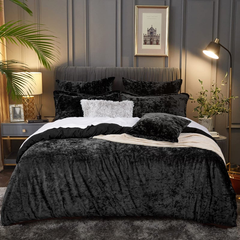 بي أتش إف PHF حقًا غطاء لحاف Velvet Cover Set King Size 3PCS Ultra Soft Cofforter Cover Cover Set Luxury Fansy Flannel Davet Woving with Pillow Shams Bedding Collection 104 "× 90" "Black" - Image 2