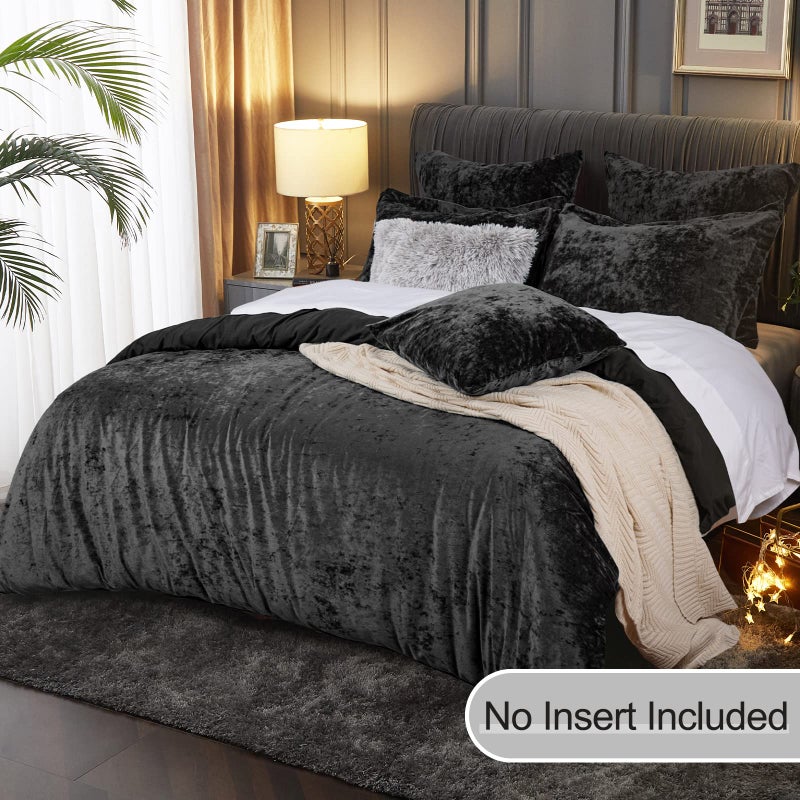 بي أتش إف PHF حقًا غطاء لحاف Velvet Cover Set King Size 3PCS Ultra Soft Cofforter Cover Cover Set Luxury Fansy Flannel Davet Woving with Pillow Shams Bedding Collection 104 "× 90" "Black" - Image 4
