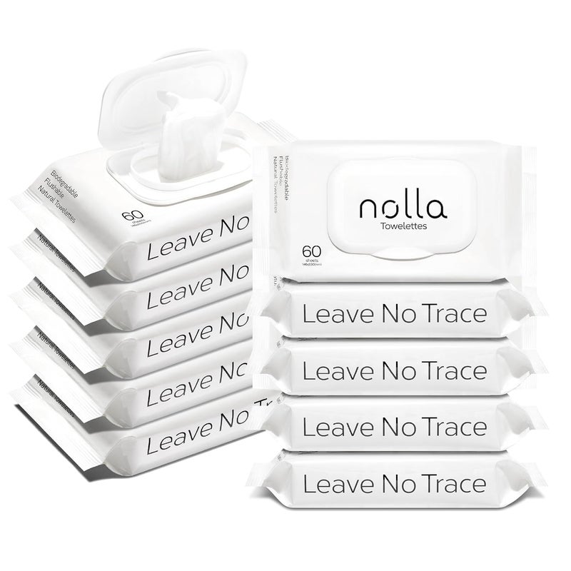 Nolla Flushable Wipes | 100% Plant-Based and Biodegradable - Soft, Unscented + Soothing Aloe and Vitamin E - For Adults and Kids 600 Count (10 Packs of 60) - Image 1